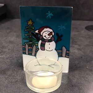 4 Christmas Figurines & 5 glass tealight holders